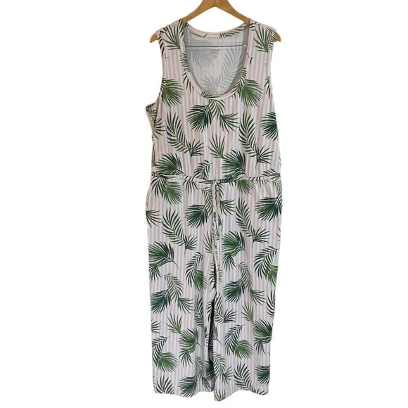 Lands End Jumpsuit 1X Leaf Striped Multi Pattern Green Pink White Sleeveless - Picture 1 of 8